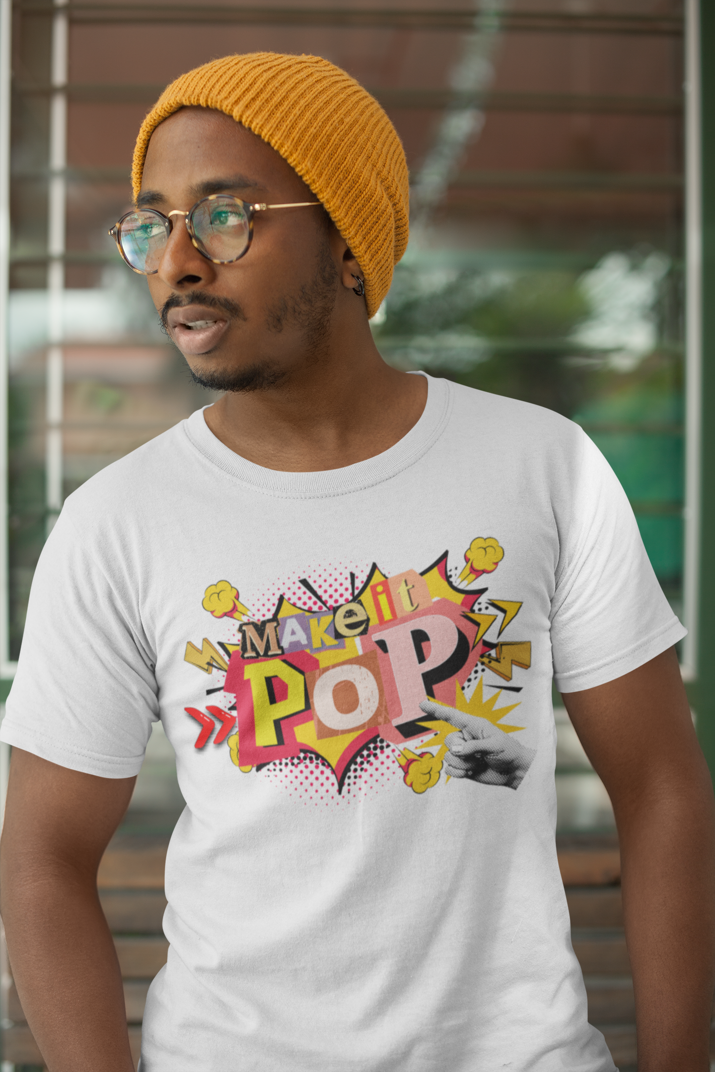 Tshirt with colorful 'Make it Pop' design on a white background