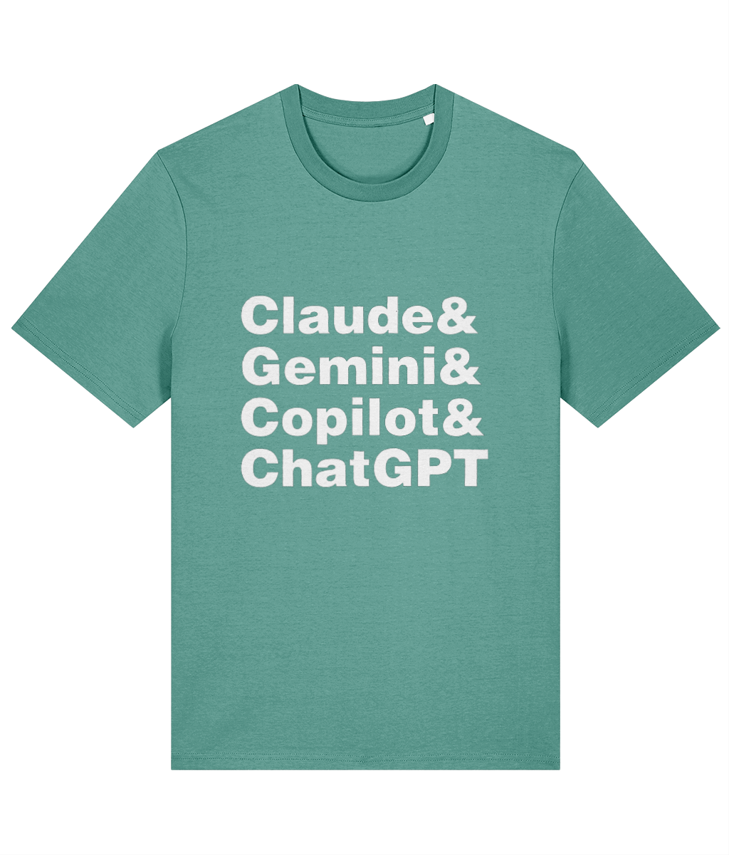 Green t-shirt with white text listing technologies on a white background