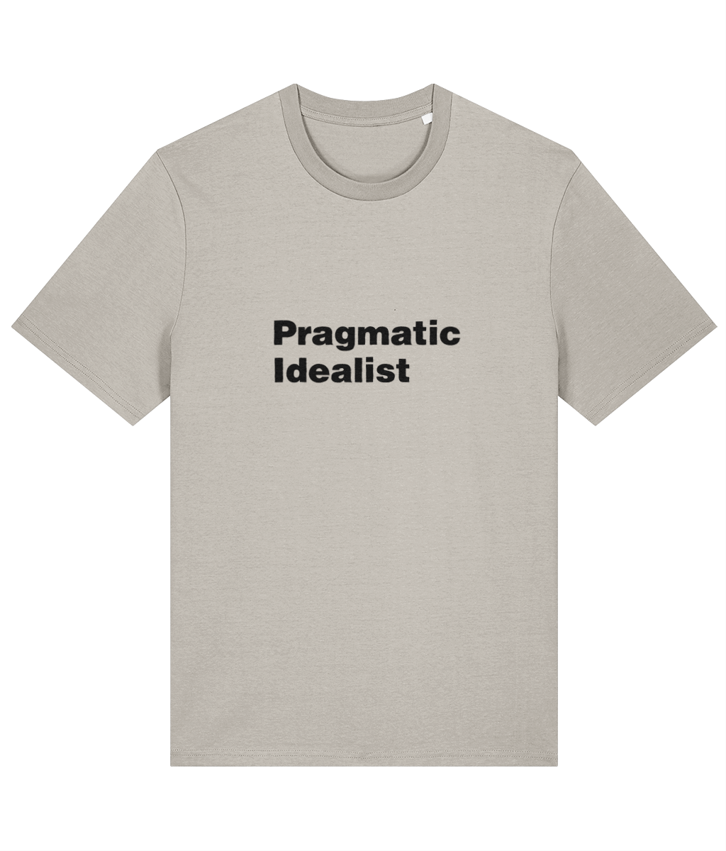 Beige t-shirt with 'Pragmatic Idealist' text on a white background