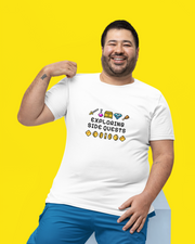 Man wearing a white t-shirt with text and graphics on a yellow background
