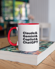 Mug with text 'Claude & Gemini & Copilot & ChatGPT' on a stack of books.