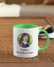 Mug with a colorful portrait and text on a wooden table