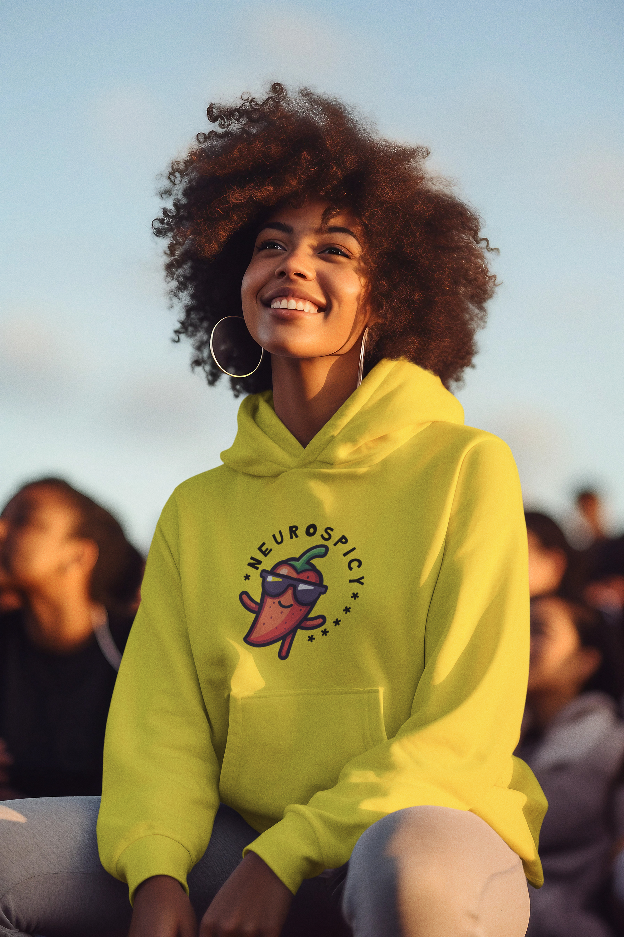 Woman wearing yellow Neurospicy Hoody
