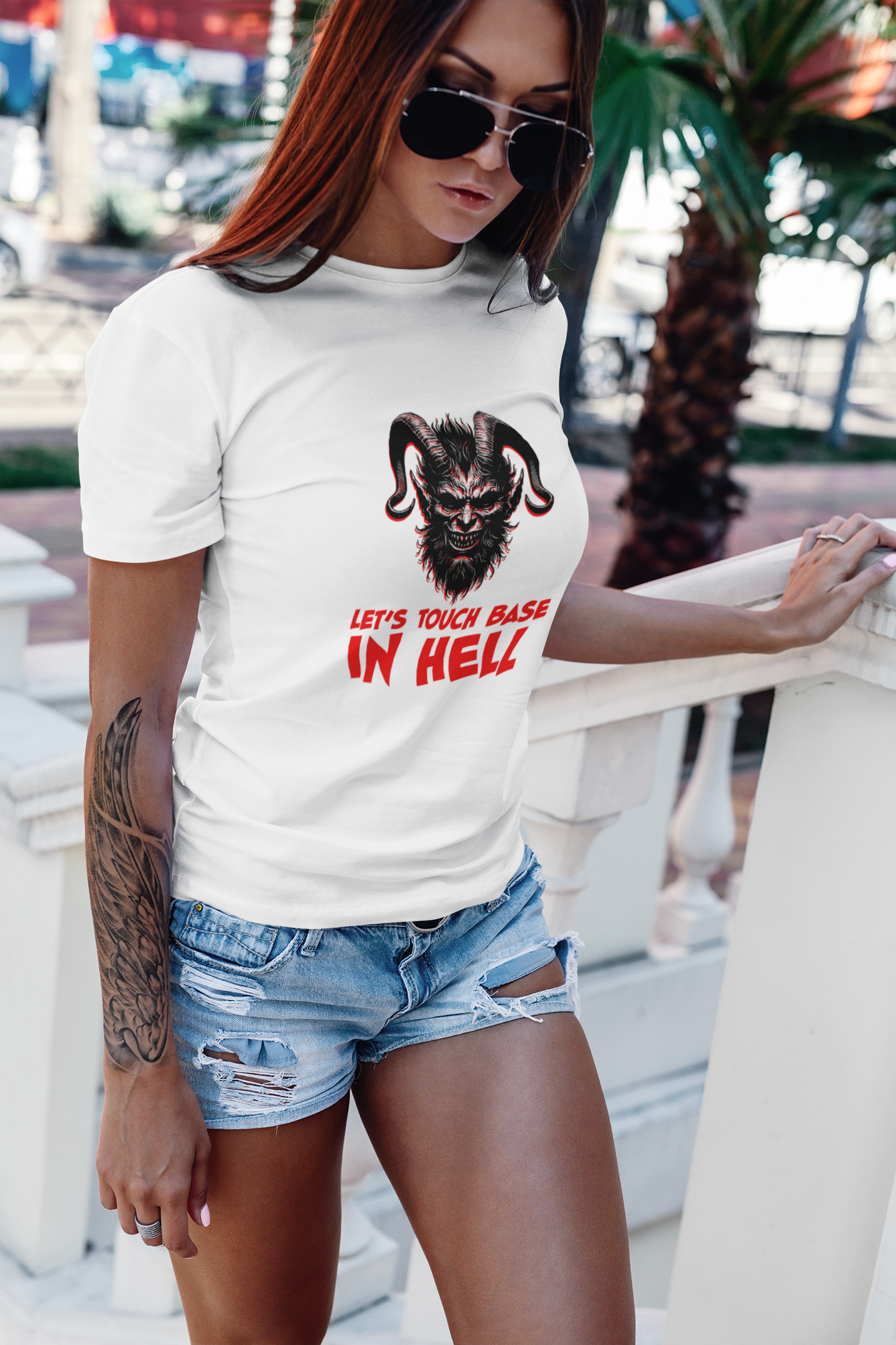 Touch Base In Hell 100% Cotton T-Shirt Tattoo Womens Woman Wearing Denim Shorts