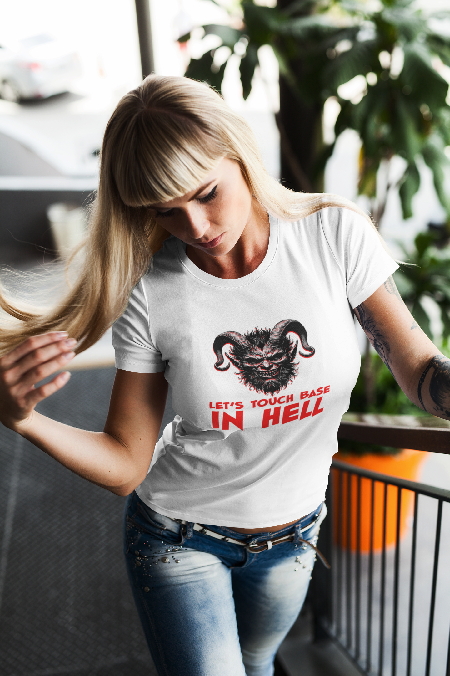 Touch Base In Hell 100% Cotton T-Shirt Tattoo Womens Woman Wearing Jeans Long Hair