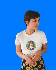 Woman wearing a white t-shirt with a colorful graphic and text on a blue background