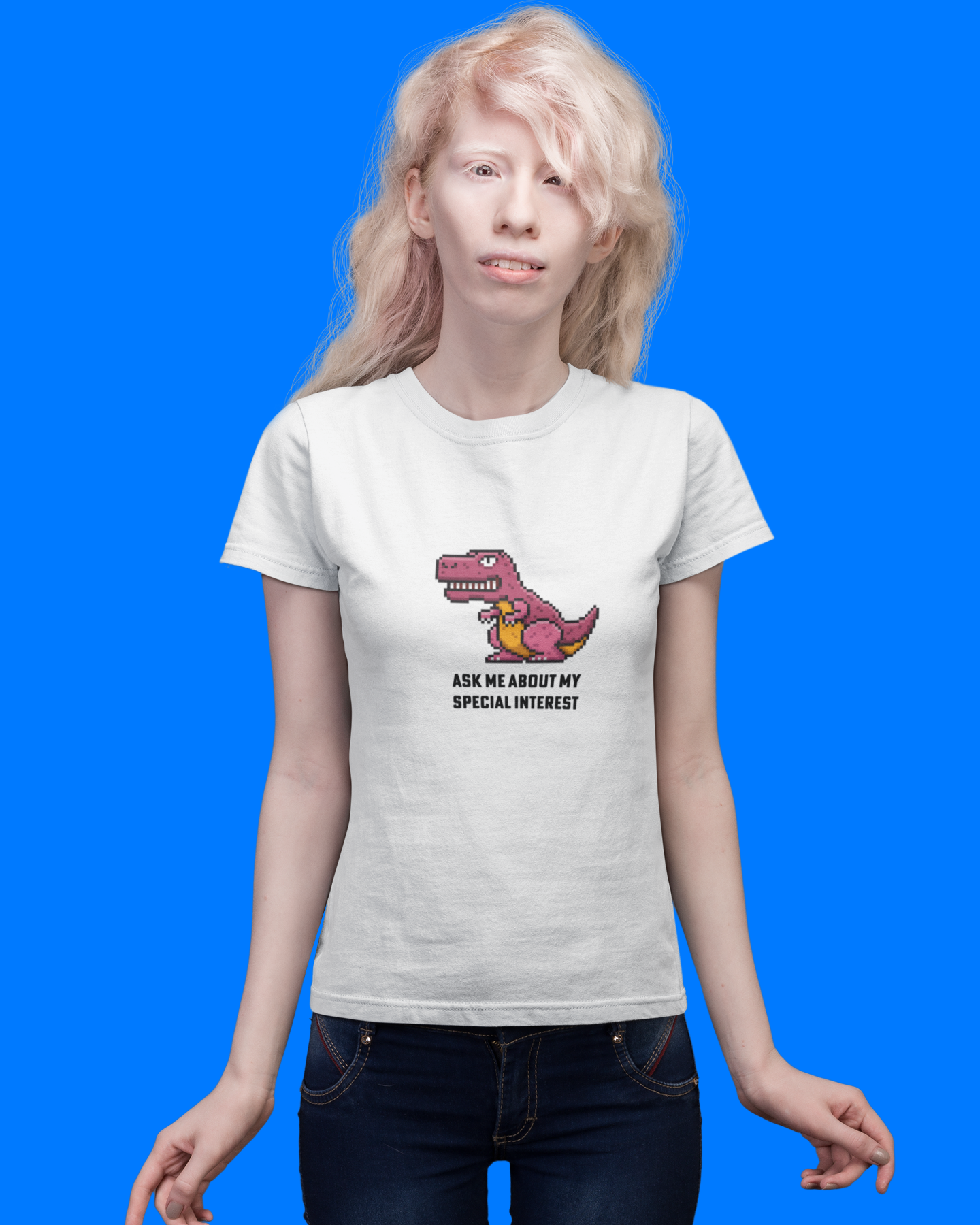 Person wearing a white t-shirt with a graphic design and text on a blue background