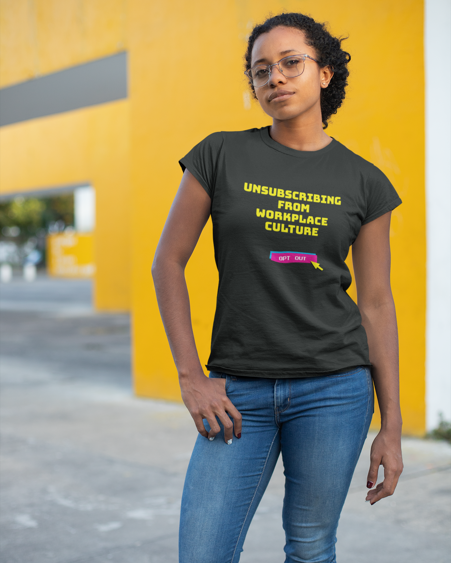 Unsubscribing from workplace culture t-shirt woman in city