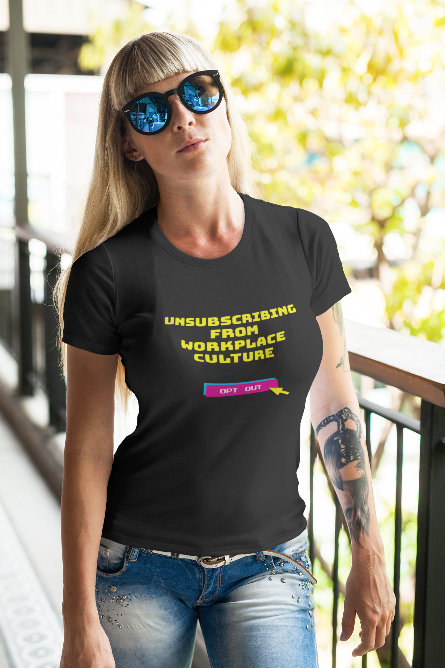 Unsubscribing from workplace culture t-shirt woman in graphic tee