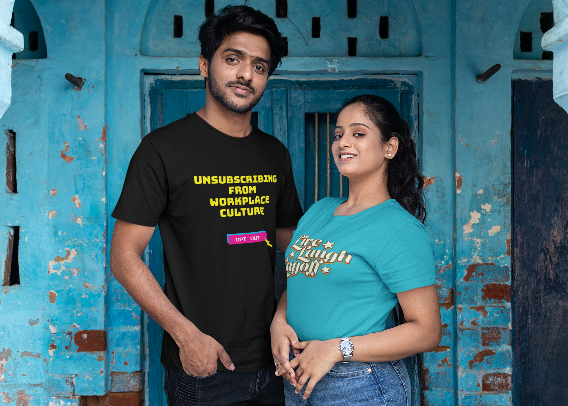 Unsubscribing from workplace culture t-hirt man on sofa ethical graphic tee