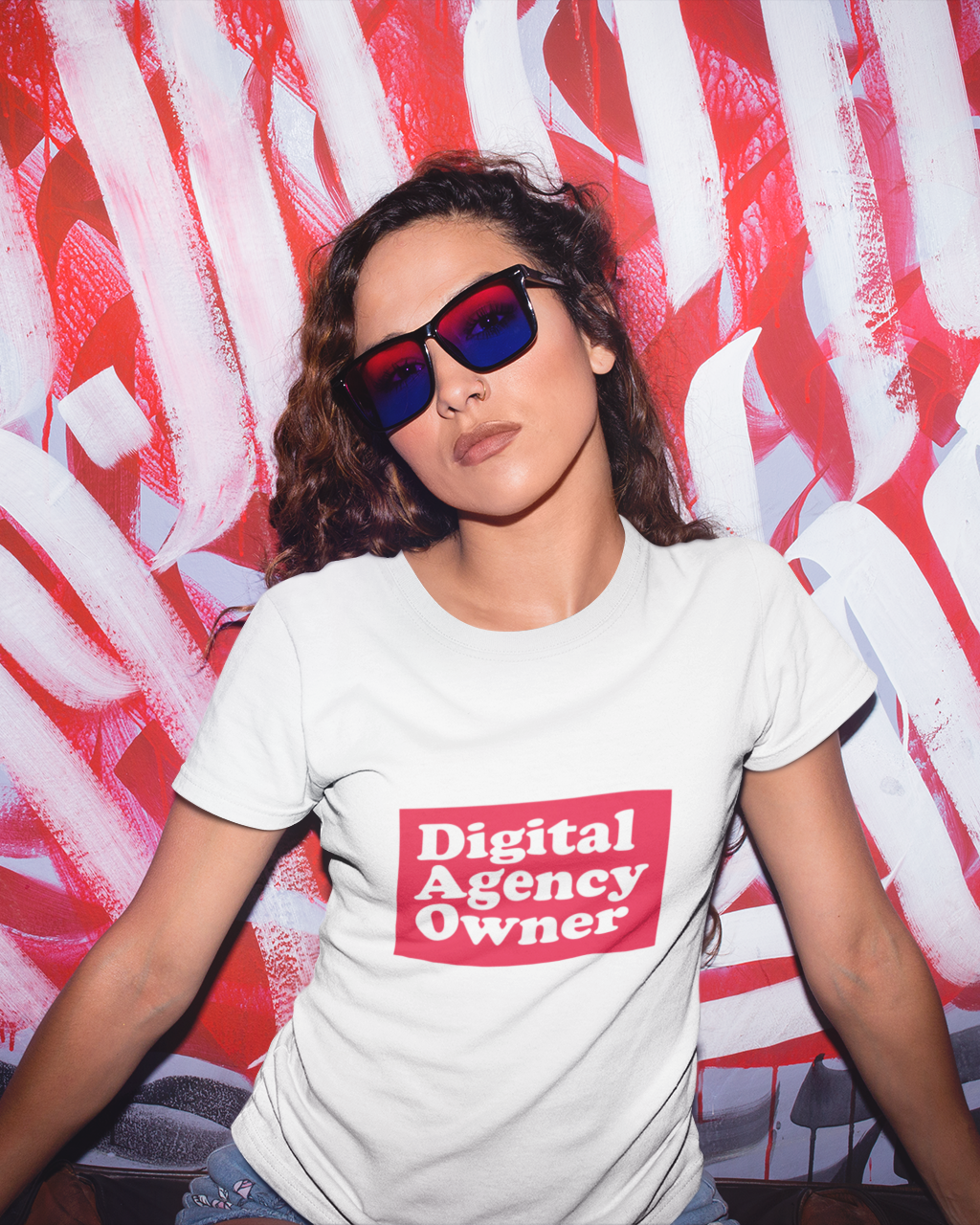 Digial Agency Owner Ringspun Cotton Tee  Person wearing a white t-shirt with 'Digital Agency Owner' text in front of a red and white abstract wall.